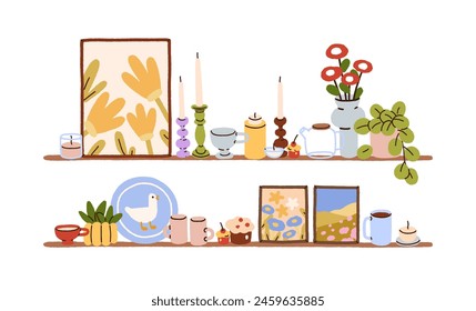 Shelves with cozy interior decorations. Framed pictures, flower in vase, plant in pots, candles and candlesticks, homey stuff, decor items. Flat vector illustration isolated on white background