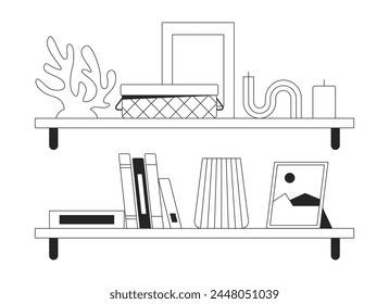 Estantes con lindos accesorios domésticos negro y blanco 2D línea de objetos de dibujos animados conjunto. Decoración interior en bastidores aislados de Vector elementos de contorno de colección. Ilustraciones monocromáticas de manchas planas de diseño casero