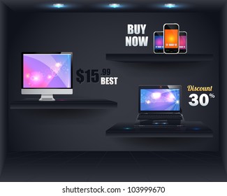 Shelves Dark Show Room Vector Design
