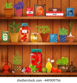 shelves with delicious organic food and different herb planted in pottery pots on background of wood wall