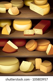 Shelves with different sort of cheeses