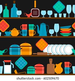 shelves with dishes in the kitchen or in the shop, seamless background. vector illustration in flat style.