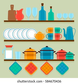shelves with dishes, vector illustration. the design of the kitchen. flat style.