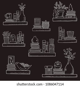 Shelves doodle line vector set black and white collection of interior decoration