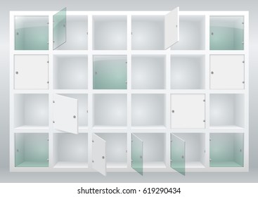 Shelves and drawers with doors of their glass or plywood. Cloakroom or storage of things. Vector graphics