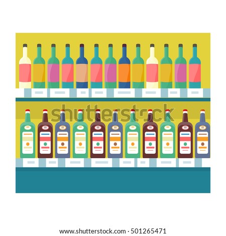 Shelves with drinks in grocery store. Vector in flat style design. Showcase with alcohol and beverages in supermarket.  Assortment, shop equipment, merchandising strategy concept.  