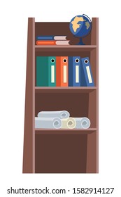 Shelves with file folders isolated on white. Wooden bookshelves. Furniture for business office, architect room, art studio. Printed information systematization and storage. Vector flat illustration