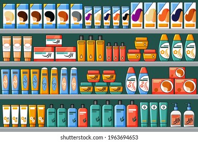 Shelves filled with hair and beauty products, shampoos, hair dyes. Vector background in cartoon style.