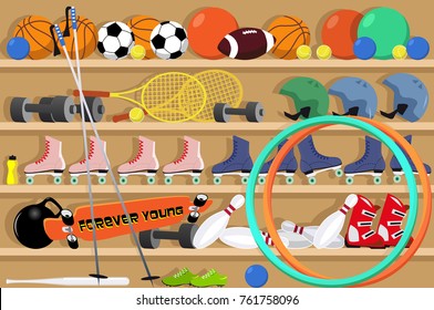 Shelves filled with sport equipment in a school gym, EPS 8 vector illustration