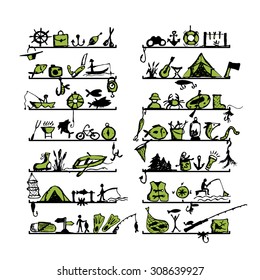 Shelves with fishing icons, sketch for your design. Vector illustration