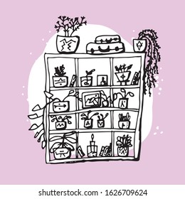 Shelves with flower pots. Vector hand drawn isolated objects. Icons in sketch style.