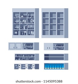 Shelves with folders and flasks. Сhemical lab equipment. Medical laboratory interior empty cabinets. Pixel art isolated vector illustration. Game assets 8-bit.