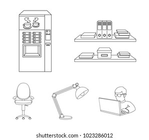 Shelves, folders and notebooks with business records, a coffee machine with cups, an armchair with a backrest on wheels, a desk lamp. Office Furniture set collection icons in outline style vector
