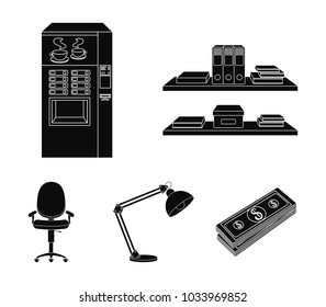 Shelves, folders and notebooks with business records, a coffee machine with cups, an armchair with a backrest on wheels, a desk lamp. Office Furniture set collection icons in black style vector symbol