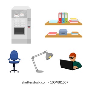 Shelves, folders and notebooks with business records, a coffee machine with cups, an armchair with a backrest on wheels, a desk lamp. Office Furniture set collection icons in cartoon style vector