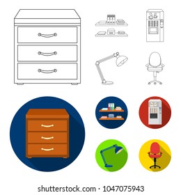 Shelves, folders and notebooks with business records, a coffee machine with cups, an armchair with a backrest on wheels, a desk lamp. Office Furniture set collection icons in outline,flat style vector