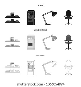 Shelves, folders and notebooks with business records, a coffee machine with cups, an armchair with a backrest on wheels, a desk lamp. Office Furniture set collection icons in black,monochrome,outline