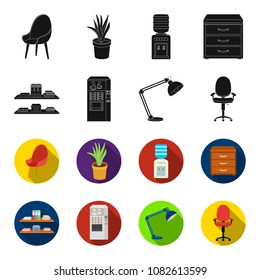 Shelves, folders and notebooks with business records, a coffee machine with cups, an armchair with a backrest on wheels, a desk lamp. Office Furniture set collection icons in black,flet style vector