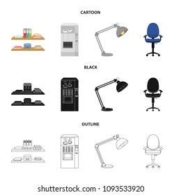 Shelves, folders and notebooks with business records, a coffee machine with cups, an armchair with a backrest on wheels, a desk lamp. Office Furniture set collection icons in cartoon,black,outline