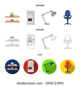 Shelves, folders and notebooks with business records, a coffee machine with cups, an armchair with a backrest on wheels, a desk lamp. Office Furniture set collection icons in cartoon,outline,flat