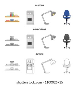 Shelves, folders and notebooks with business records, a coffee machine with cups, an armchair with a backrest on wheels, a desk lamp. Office Furniture set collection icons in cartoon,outline