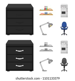 Shelves, folders and notebooks with business records, a coffee machine with cups, an armchair with a backrest on wheels, a desk lamp. Office Furniture set collection icons in cartoon,monochrome style