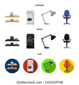 Shelves, folders and notebooks with business records, a coffee machine with cups, an armchair with a backrest on wheels, a desk lamp. Office Furniture set collection icons in cartoon,black,flat style
