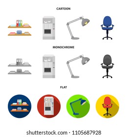 Shelves, folders and notebooks with business records, a coffee machine with cups, an armchair with a backrest on wheels, a desk lamp. Office Furniture set collection icons in cartoon,flat,monochrome