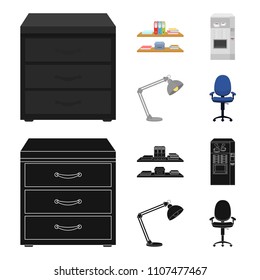 Shelves, folders and notebooks with business records, a coffee machine with cups, an armchair with a backrest on wheels, a desk lamp. Office Furniture set collection icons in cartoon,black style