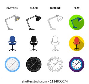 Shelves, folders and notebooks with business records, a coffee machine with cups, an armchair with a backrest on wheels, a desk lamp. Office Furniture set collection icons in cartoon,black,outline