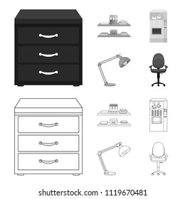 Shelves, folders and notebooks with business records, a coffee machine with cups, an armchair with a backrest on wheels, a desk lamp. Office Furniture set collection icons in outline,monochrome style
