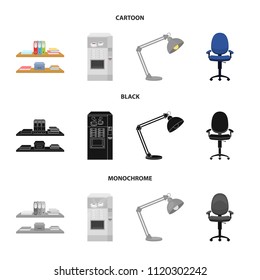 Shelves, folders and notebooks with business records, a coffee machine with cups, an armchair with a backrest on wheels, a desk lamp. Office Furniture set collection icons in cartoon,black,monochrome