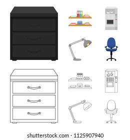 Shelves, folders and notebooks with business records, a coffee machine with cups, an armchair with a backrest on wheels, a desk lamp. Office Furniture set collection icons in cartoon,outline style