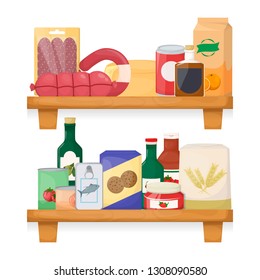 Shelves with food. Different product. Grocery, drinks, canned, meat fish Cartoon vector illustration