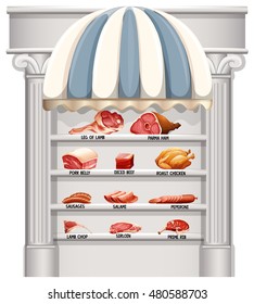 Shelves full of different kinds of meat illustration