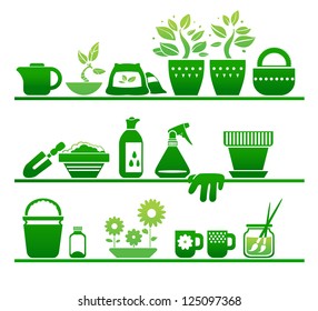 shelves with gardening stuff