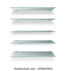 Shelves glass. Wall product display transparent, empty store shelving. Glass showcase various angle view, showcase for books, presentation element for gallery exposition. Vector isolated set