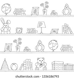 Shelves graphic black white children room toy book seamless pattern background sketch illustration vector