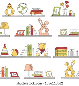 Shelves graphic color children room toy book seamless pattern background sketch illustration vector