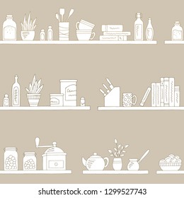 Shelves graphic kitchenware color seamless pattern sketch background illustration vector