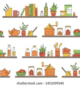 Shelves graphic kitchenware color seamless pattern sketch background illustration vector