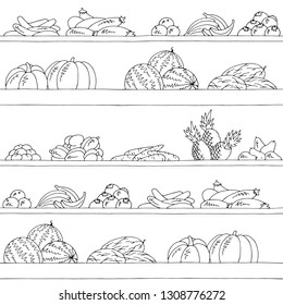 Shelves graphic seamless pattern black white background fruits and vegetables sketch illustration vector