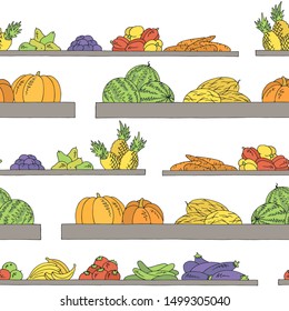 Shelves graphic seamless pattern color background fruits and vegetables sketch illustration vector