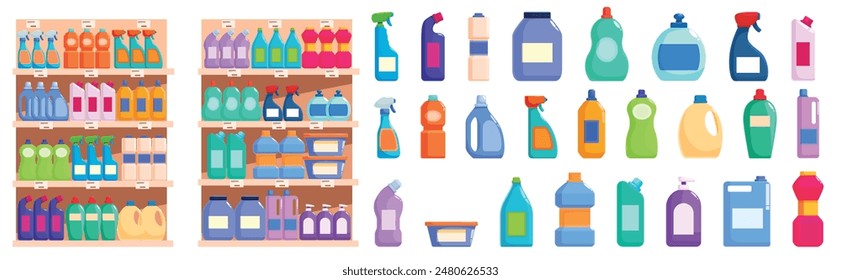 Shelves household chemicals icons set. Supermarket shelf full of cleaning products bottles and packages with assortment of colorful plastic containers for washing dishes and doing laundry