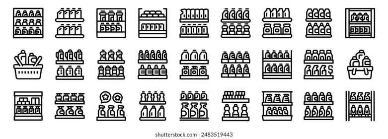 Shelves household chemicals icons set. Set of icons featuring supermarket shelves stocked with various cleaning products and food items