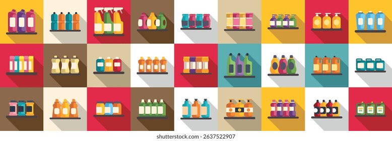  Shelves household chemicals icons set. Colorful bottles and containers of cleaning products are lined up on supermarket shelves