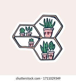 Shelves with indoor plants doodle Vector illustration. Design for stikers, poster, social media post.