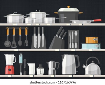 Shelves with kitchen accessory or kitchenware interior with knives and teapot, saucepan and frying pan. Household utensil and cutlery, appliances, crockery.Cooking equipment and food preparation theme