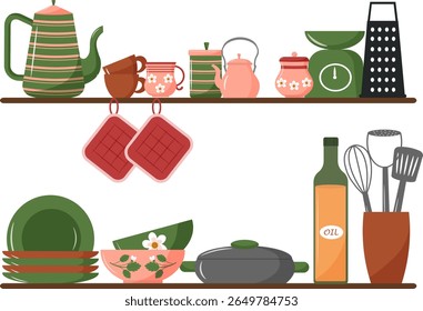 Shelves with kitchen utensils. Cooking utensils - kettle, cups, scales and grater. Plates and salad bowls, olive oil and saucepan. Organization of space in the kitchen. Vector.