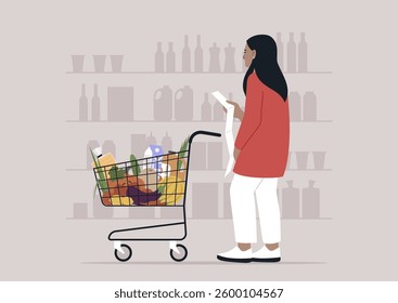 Shelves lean under the weight of diverse groceries, while a shopper checks her list, immersed in the vibrant tapestry of everyday life in a lively supermarket environment